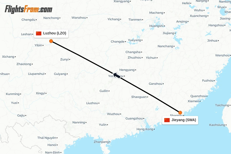 Flights from Jieyang to Luzhou route map