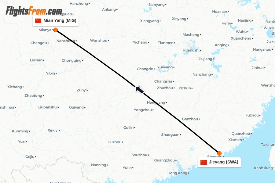 Flights from Jieyang to Mian Yang route map