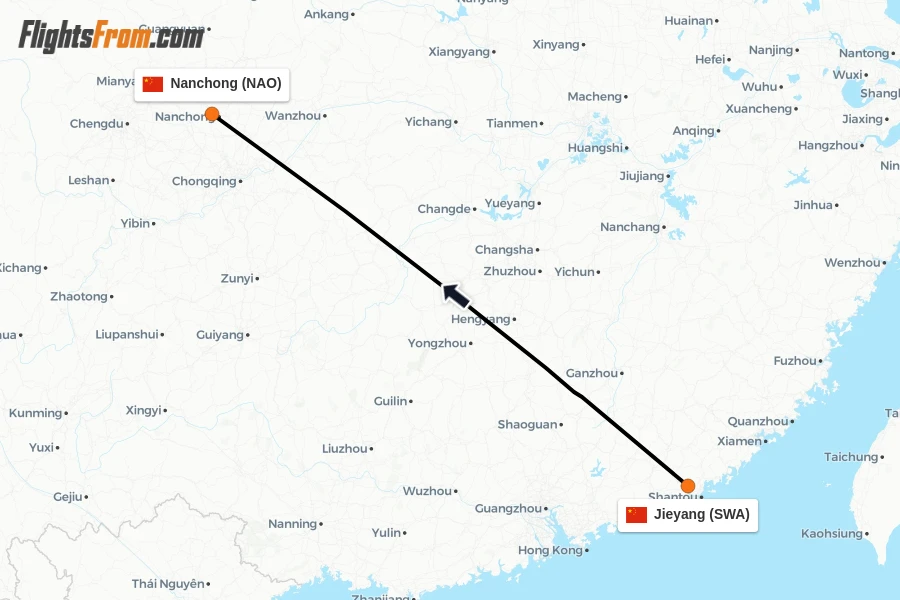 Flights from Jieyang to Nanchong route map