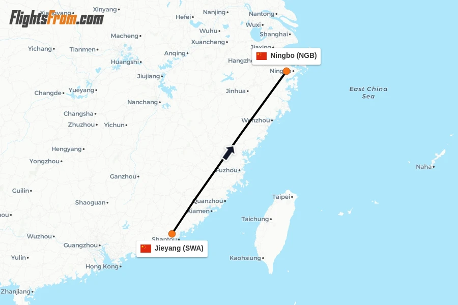 Flights from Jieyang to Ningbo route map