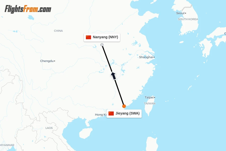 Flights from Jieyang to Nanyang route map