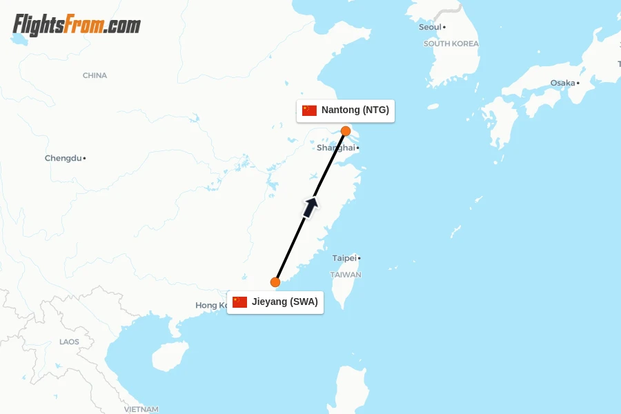 Flights from Jieyang to Nantong route map