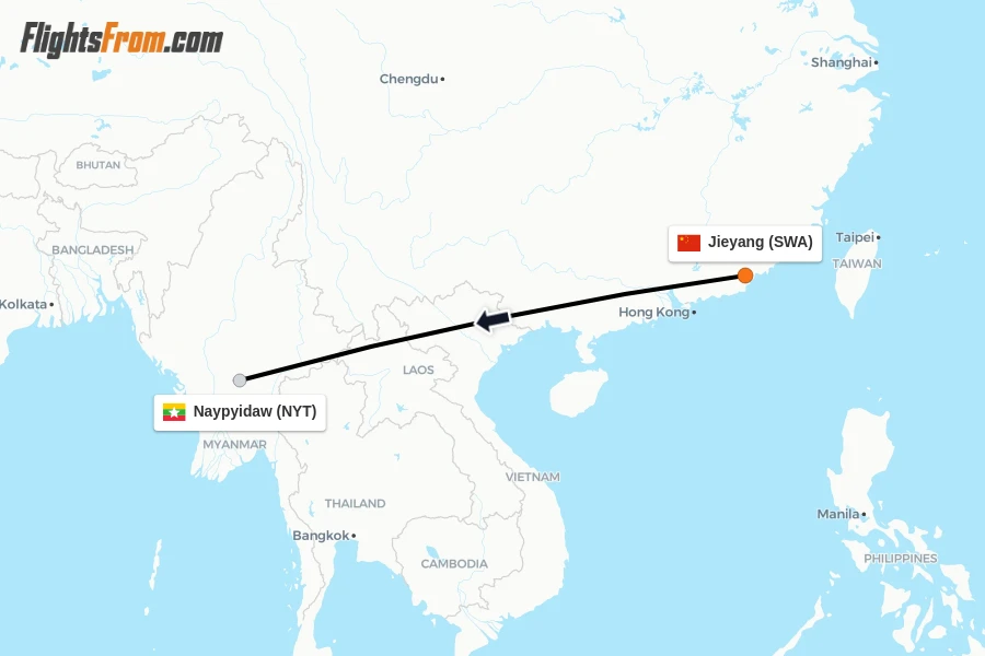 Flights from Jieyang to Naypyidaw route map