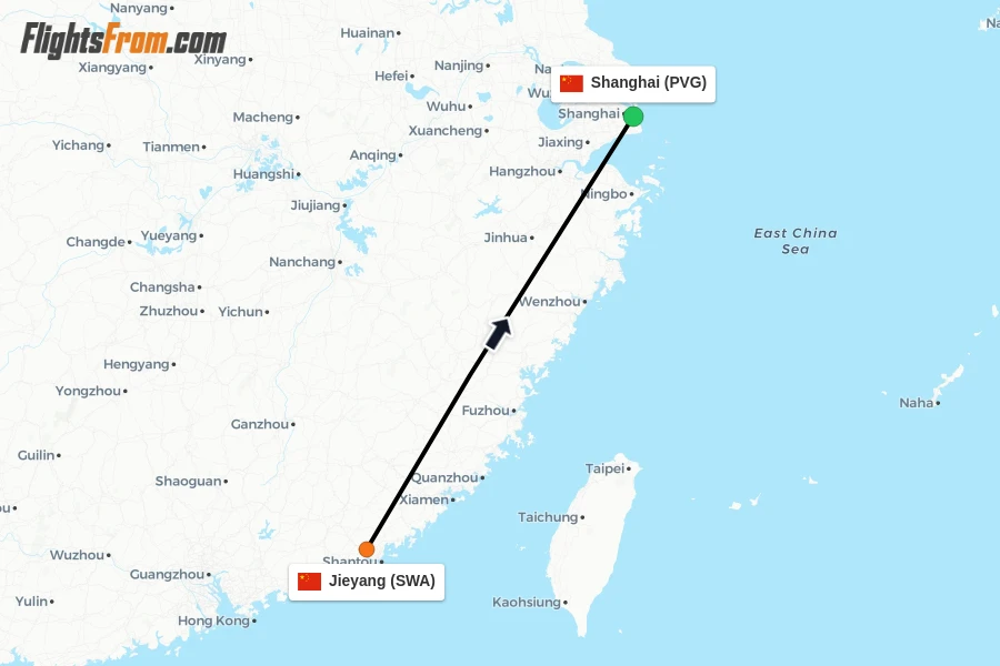 Flights from Jieyang to Shanghai route map
