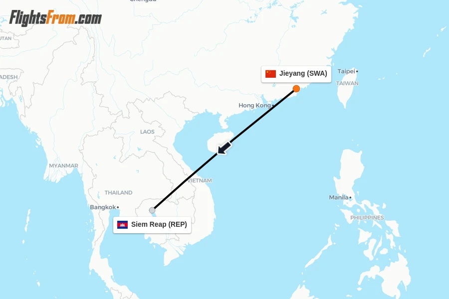 Flights from Jieyang to Siem Reap route map