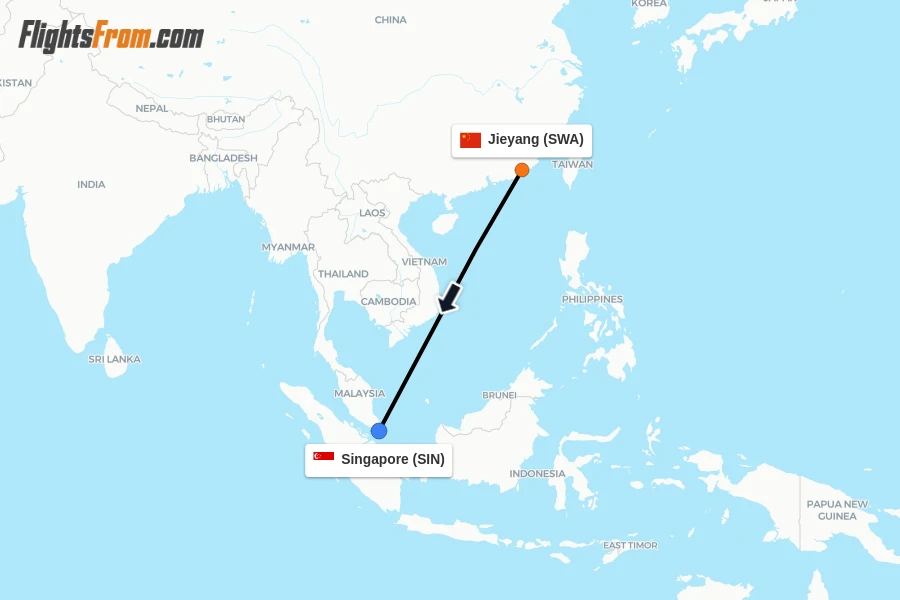 Flights from Jieyang to Singapore route map