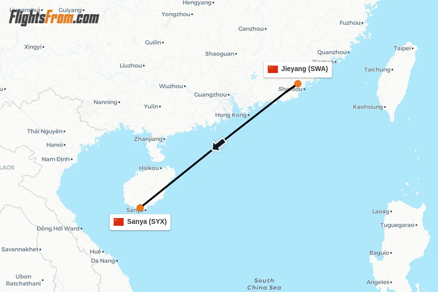 Flights from Jieyang to Sanya route map