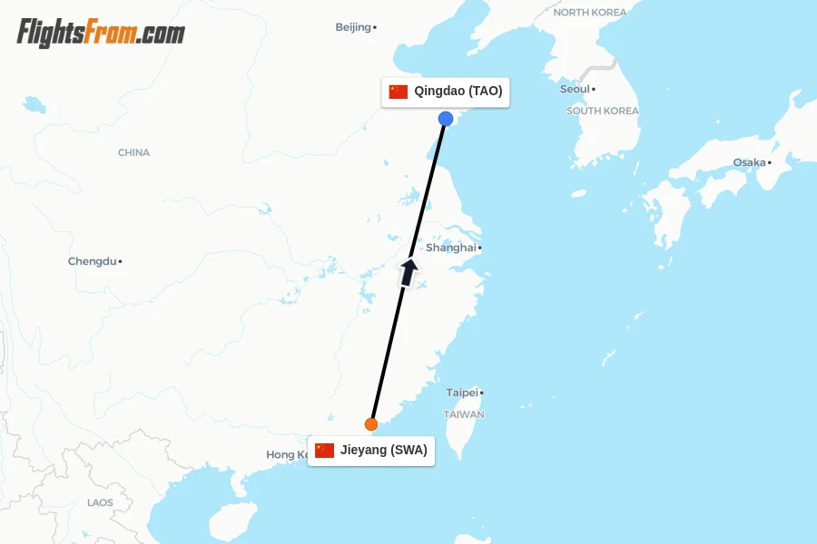 Flights from Jieyang to Qingdao route map