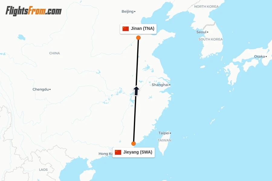 Flights from Jieyang to Jinan route map