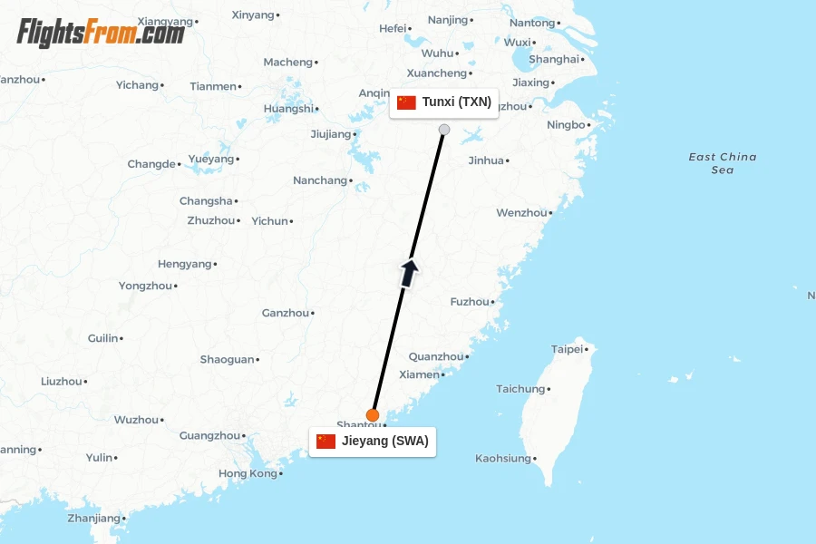 Flights from Jieyang to Tunxi route map