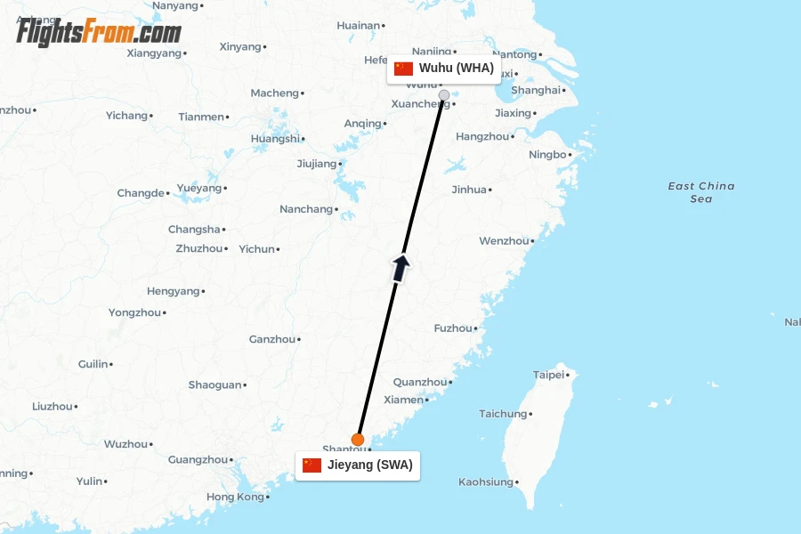 Flights from Jieyang to Wuhu route map