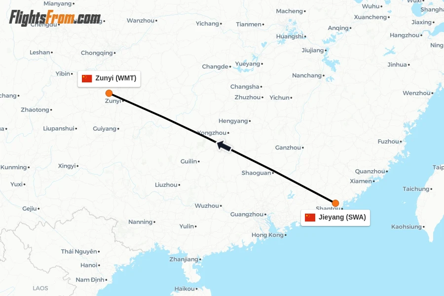 Flights from Jieyang to Zunyi route map