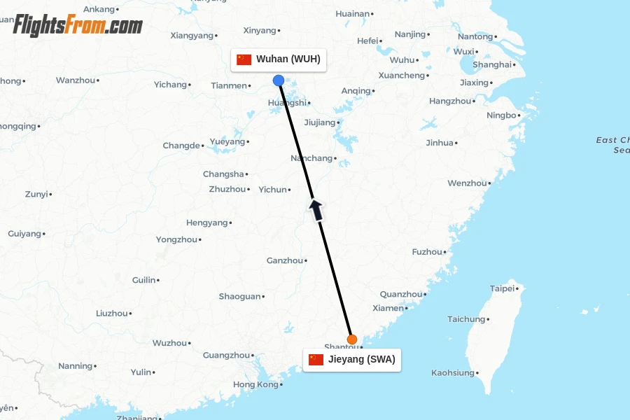 Flights from Jieyang to Wuhan route map