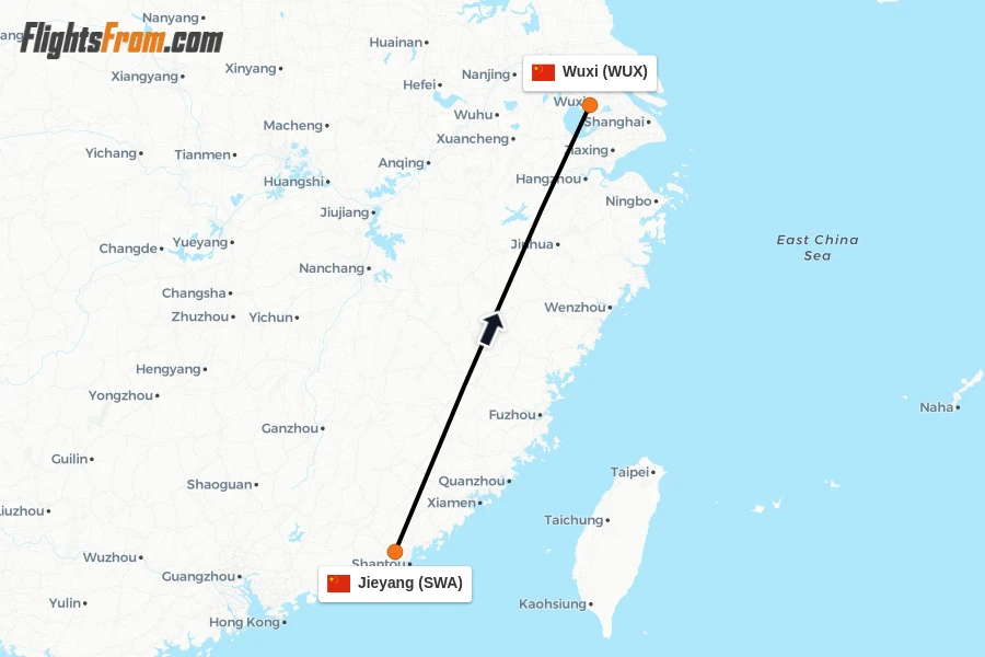 Flights from Jieyang to Wuxi route map