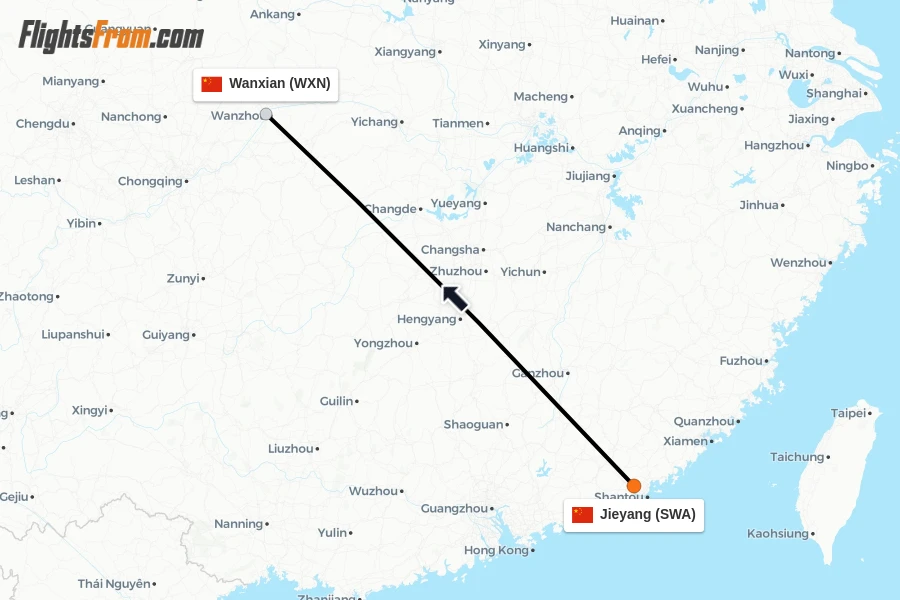 Flights from Jieyang to Wanxian route map