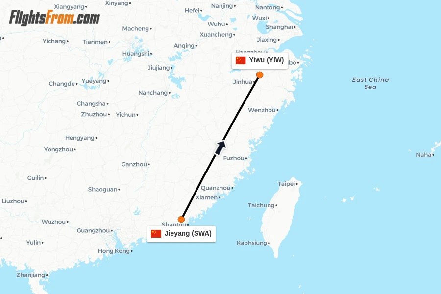 Flights from Jieyang to Yiwu route map