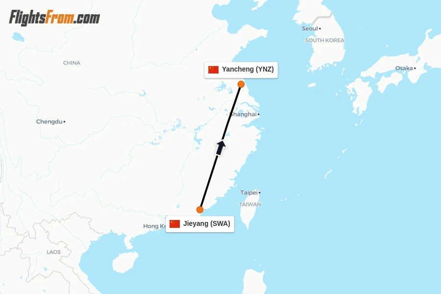 Flights from Jieyang to Yancheng route map