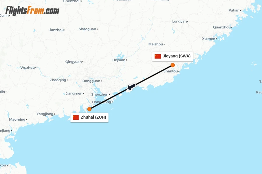 Flights from Jieyang to Zhuhai route map