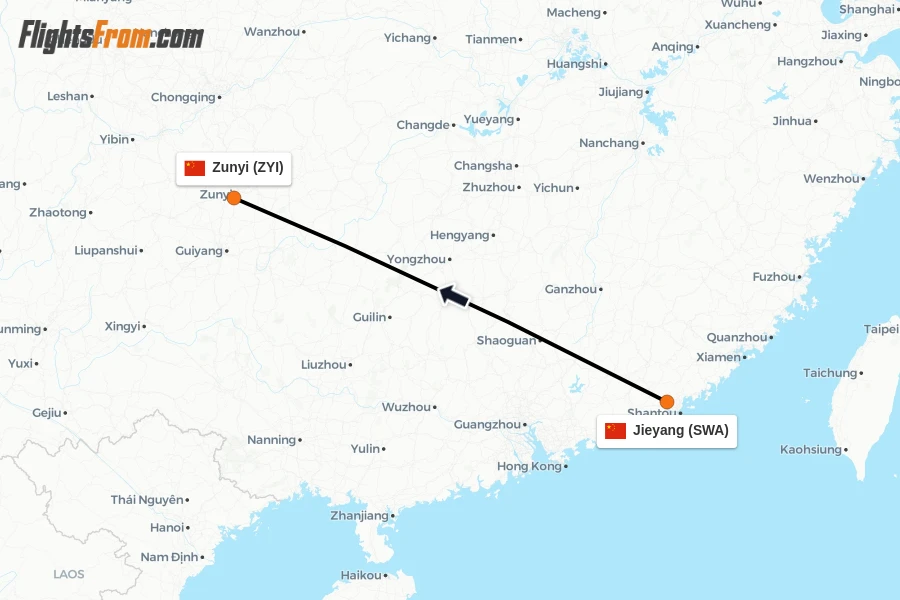 Flights from Jieyang to Zunyi route map