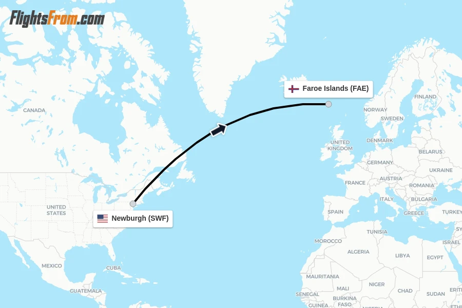 Flights from Newburgh to Faroe Islands route map