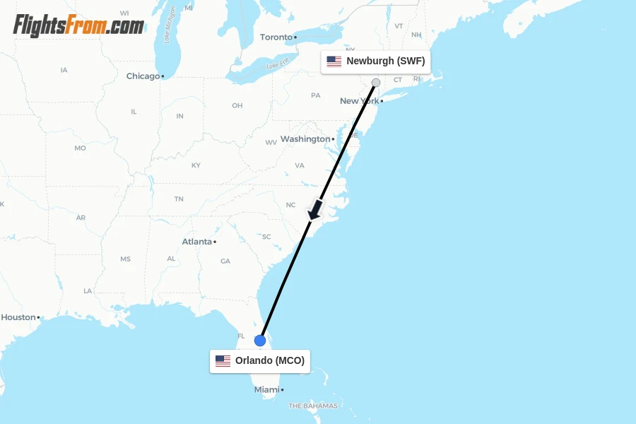 Flights from Newburgh to Orlando route map