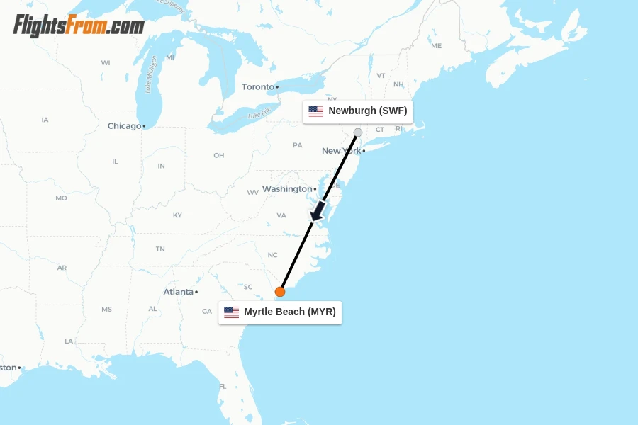 Flights from Newburgh to Myrtle Beach route map