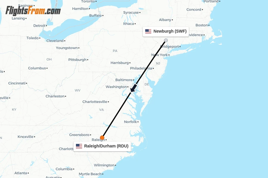 Flights from Newburgh to Raleigh/Durham route map