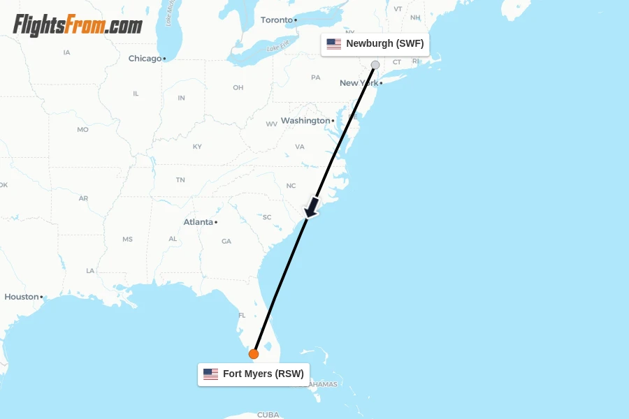 Flights from Newburgh to Fort Myers route map