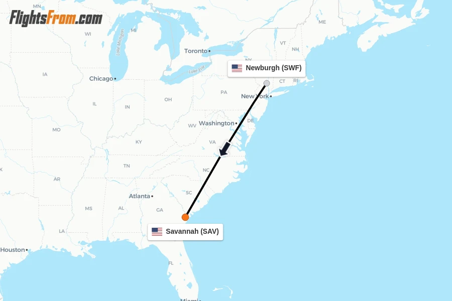 Flights from Newburgh to Savannah route map