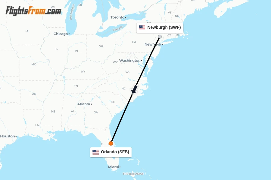 Flights from Newburgh to Orlando route map