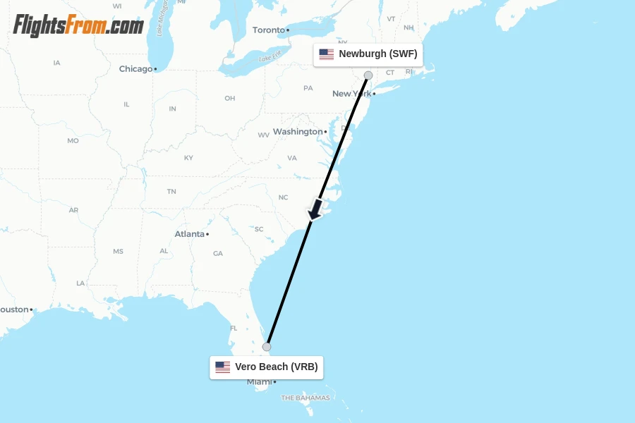 Flights from Newburgh to Vero Beach route map