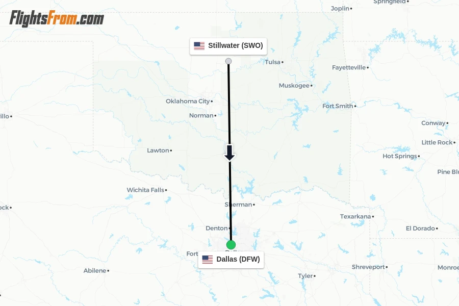 Flights from Stillwater to Dallas route map