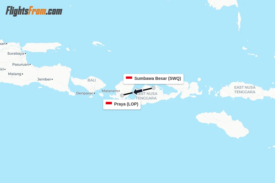 Flights from Sumbawa Besar to Praya route map