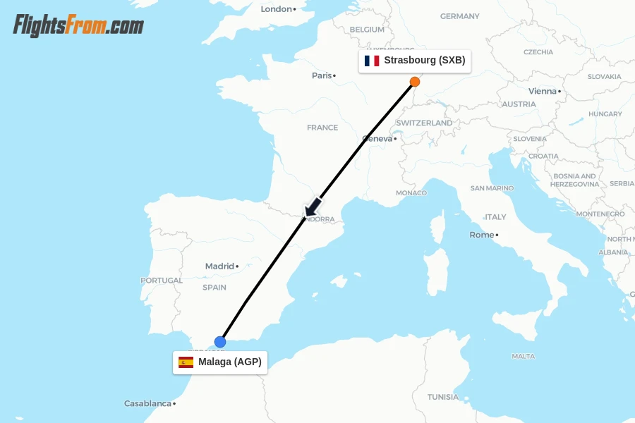 Flights from Strasbourg to Malaga route map