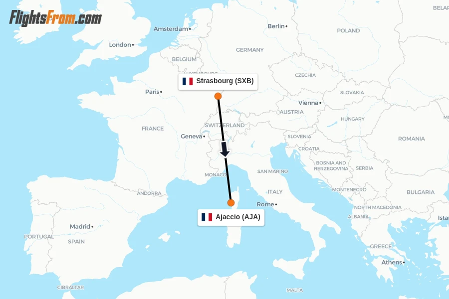 Flights from Strasbourg to Ajaccio route map