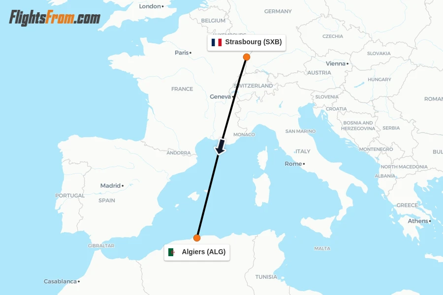 Flights from Strasbourg to Algiers route map