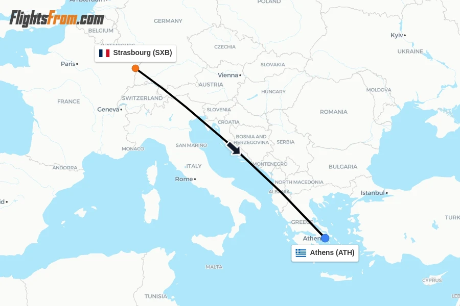 Flights from Strasbourg to Athens route map