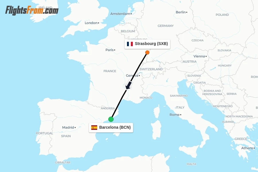 Flights from Strasbourg to Barcelona route map