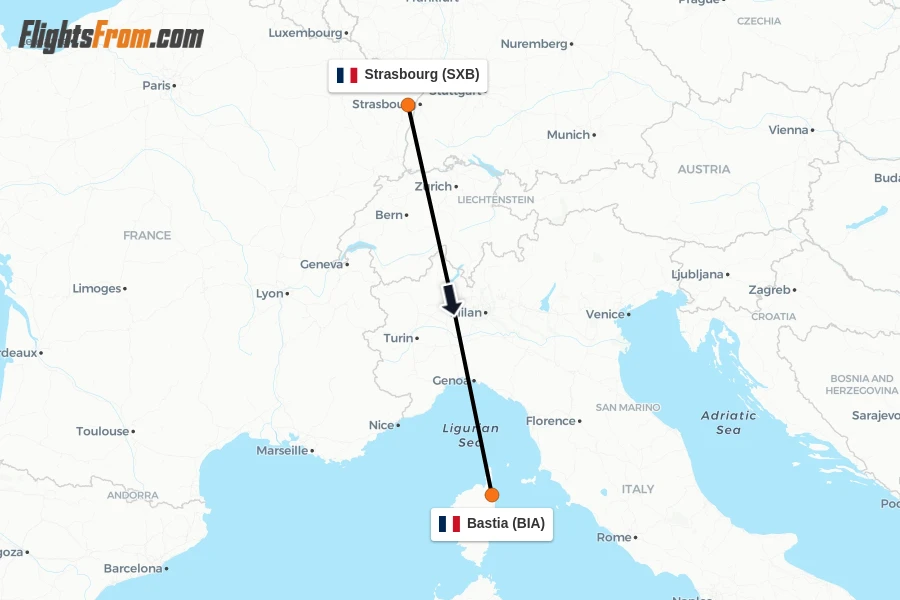 Flights from Strasbourg to Bastia route map