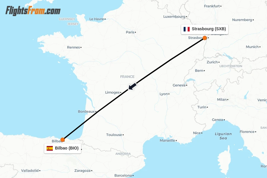 Flights from Strasbourg to Bilbao route map