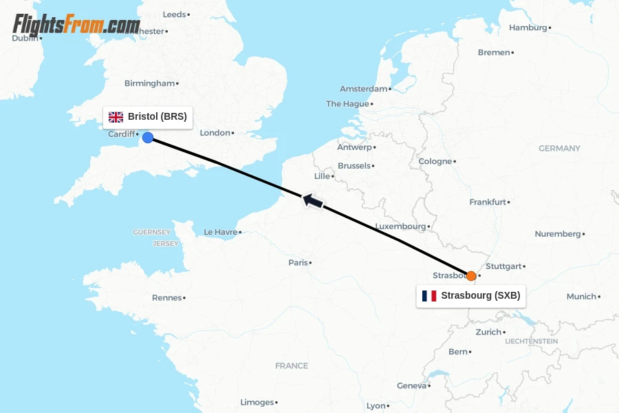 Flights from Strasbourg to Bristol route map