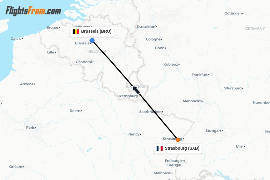 Flights from Strasbourg to Brussels route map