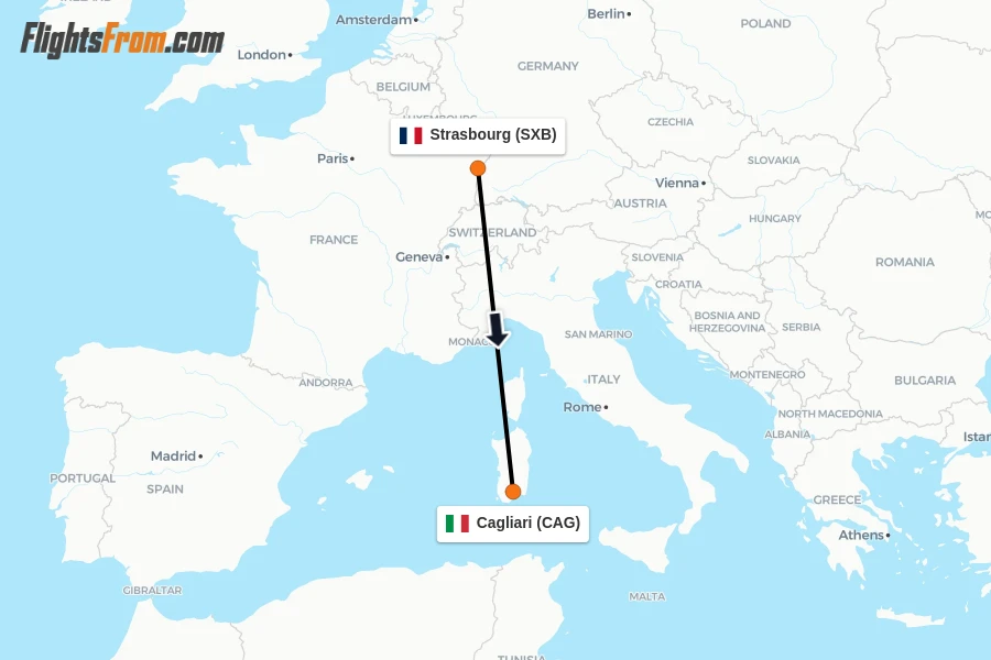 Flights from Strasbourg to Cagliari route map
