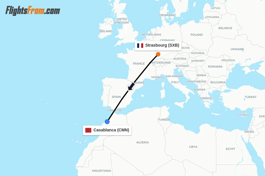 Flights from Strasbourg to Casablanca route map