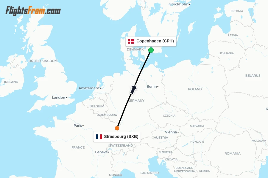 Flights from Strasbourg to Copenhagen route map