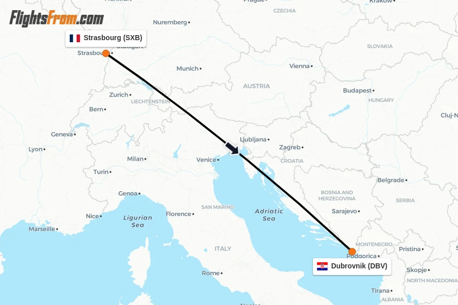 Flights from Strasbourg to Dubrovnik route map