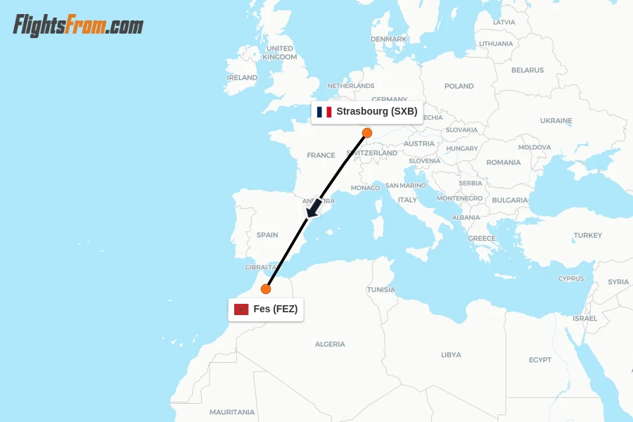 Flights from Strasbourg to Fes route map