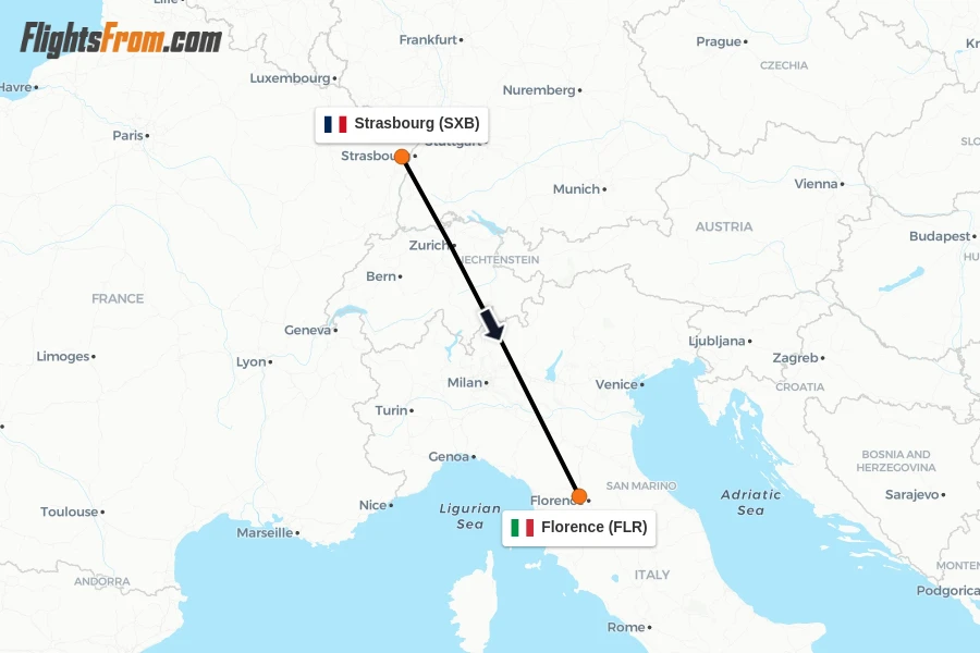 Flights from Strasbourg to Florence route map