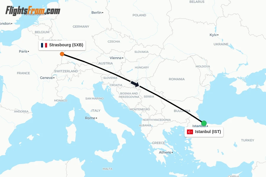 Flights from Strasbourg to Istanbul route map