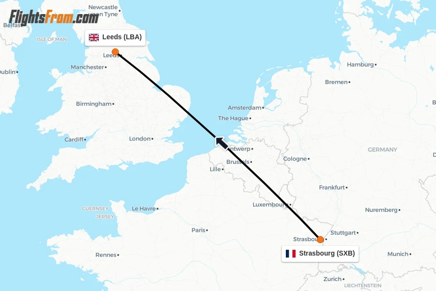 Flights from Strasbourg to Leeds route map